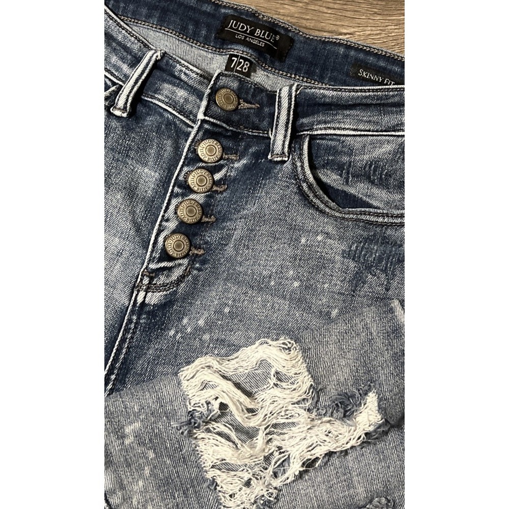 Judy Blue High Waisted Button Fly Heavy Distressed‎ Skinny Jeans SZ 7/28 (28x27)